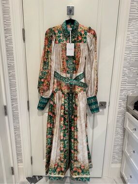 Aqua Blu Green and Cream Floral Maxi Dress with Belted Waist NWT
